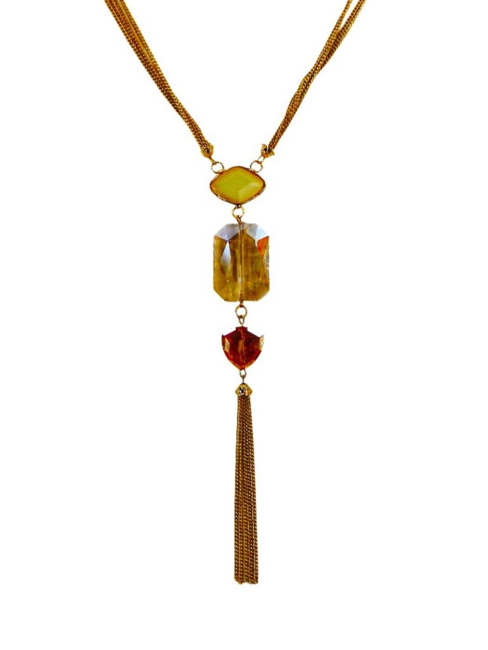Gold tassel chain pendant necklace with glass beads in beige and light orange